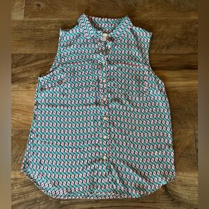 Talbots Sleeveless Pink & Teal Geo Print Button-Up Top